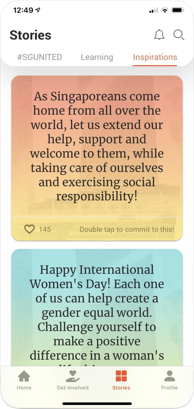 A screenshot of the SG Cares app showing excerpts of inspirational stories