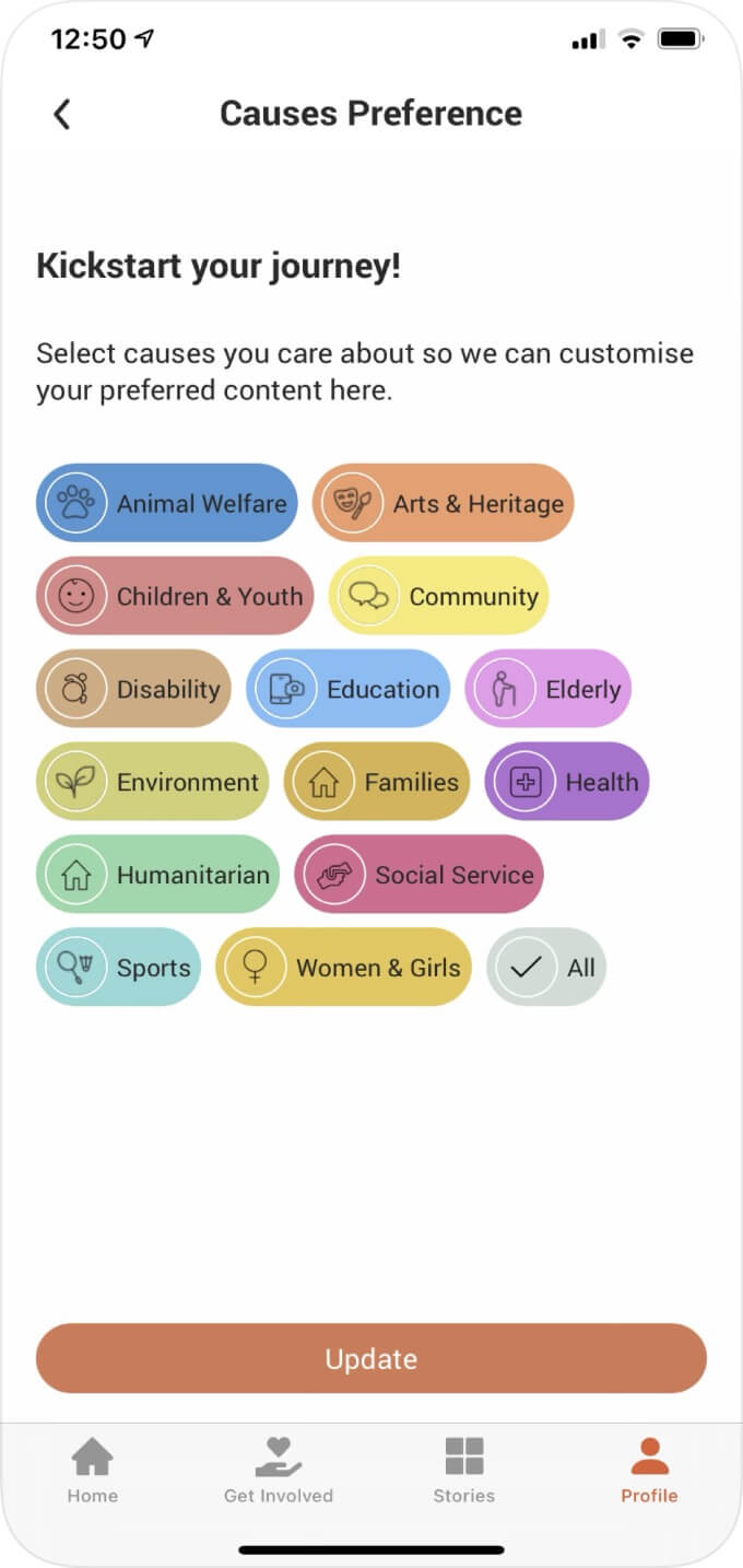 A screenshot of the SG Cares app showing the ability for you to customise your preferred causes
